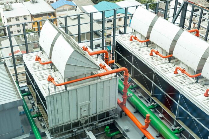 Chiller. Sets of cooling towers in data center building.